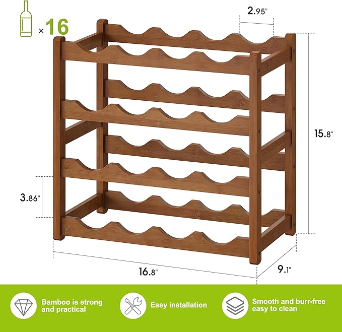 BMOSU Bamboo Wine Rack Wine Storage Cabinet Shelf 16 Bottle Wine Racks Countertop Sturdy for Kitchen Dining Room Pantry - 4 Tiers Wine Rack(Brown)