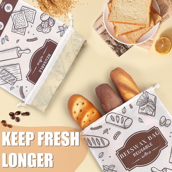 2-Pack Beeswax Bread Bags for Homemade Bread，Reusable Sourdough Storage Bags with Premium Beeswax Coating for Loafs Baguette Fresh Keeping,Great Baking Essentials and Gifts for Families & Friends.