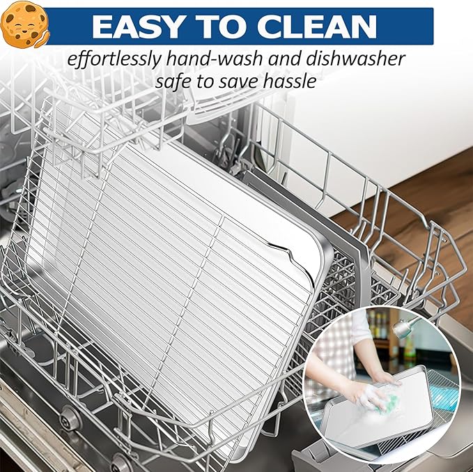 TeamFar Baking Sheet with Rack Set, Stainless Steel Baking Pan Cookie Sheet with Cooling Rack, Size 17.6 x 13 x 1inch, Non Toxic & Heavy Duty, Easy Clean & Dishwasher Safe