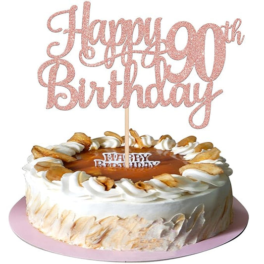 1 PCS Happy 90th Birthday Cake Topper Glitter Cheers to 90 Years Birthday Cake Pick 90 Fabulous Cake Decoration for Happy 90th Birthday Theme Party Decorations Supplies Rose Gold