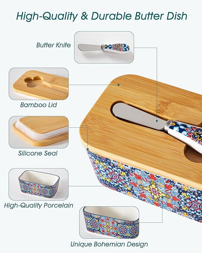 vancasso SIMI Butter Dish with Lid, 6.5" Large Butter Dish for Countertop, Bohemian Ceramic Butter Keeper Container with Knife and Bamboo Lid, Butter Holder for Counter, Twilight Bloom
