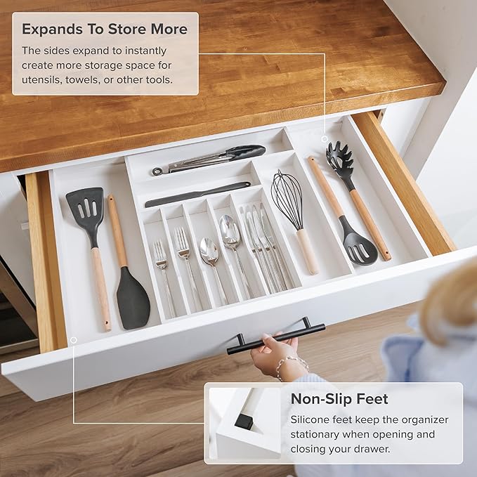 Premium Silverware, Flatware and Utensil Organizer for Kitchen Drawers, Food-Safe Contract Grade, Expandable from 16 to 28 In, White Bamboo