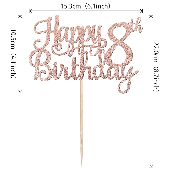 1 PCS Happy 8th Birthday Cake Topper Glitter Cheers to 8 Years Cake Pick Number 8 Fabulous Cake Decoration for 8th Birthday Party Decorations Supplies Rose Gold