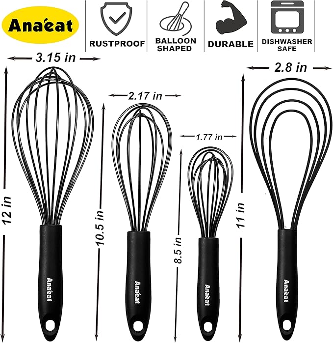 Anaeat Silicone Kitchen Whisk Set of 4, Perfect for Non-Stick Cookware, Egg Beater Milk Blender for Whisking, Cooking, Baking, Beating - 11'' Flat Whisk and 8.5''+10.5''+12'' Balloon Whisks (Black)