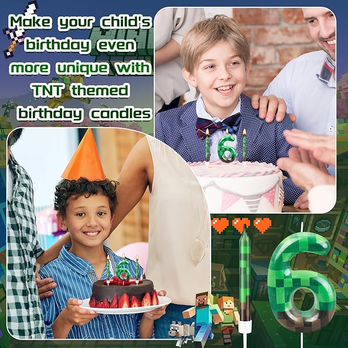 13 Pcs Dynamite Candles 12 TNT Themed Birthday Cake Candles and Number 6 Candle Cake Topper for Pixel Theme Birthday Party Anniversary Party Dynamite Theme Party Video Game Party Supplies (Number 6)