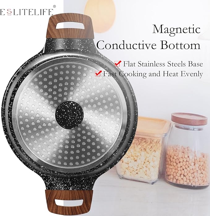 ESLITE LIFE Nonstick Stock Pot with Lid, 5 Quart Granite Casserole Large Soup Pot Pasta Cooking Pot, Induction Compatible, PTFE & PFOA Free, Black