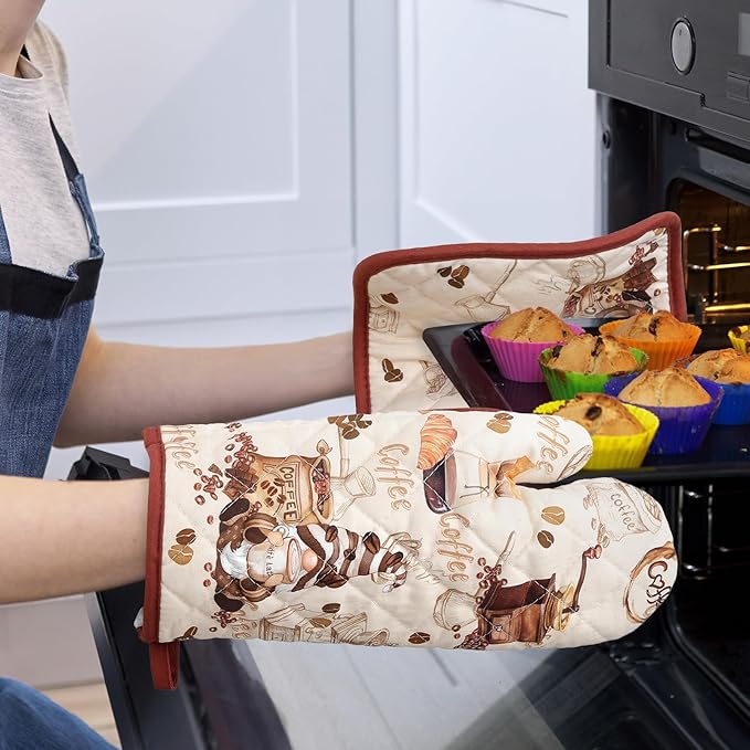 Coffee Gnome Oven Mitts and Pot Holders Sets 4Pcs, 100% Cotton Heat Resistant, Extra Long Oven Gloves Potholder for Kitchen Cooking Baking Decoration