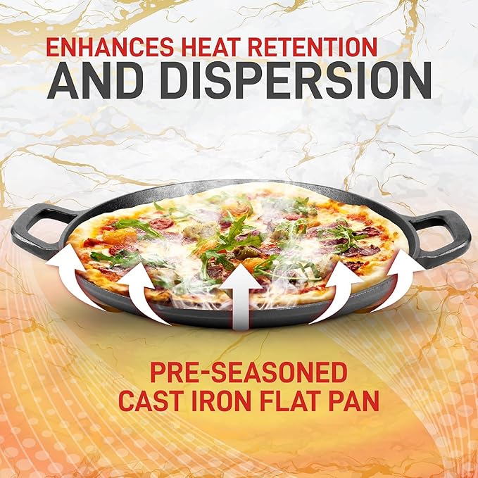 NutriChef 13-Inch Flat Cast Iron Pizza Pan - Versatile Pre-Seasoned Round Cooking Griddle w/ Built-In Handles for Oven, Grill, Stove, and Campfires
