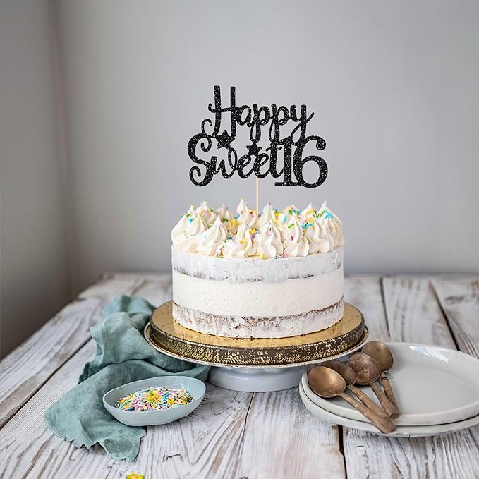 Gyufise 1Pc Happy Sweet 16 Cake Topper Glitter 16th Birthday Cake Pick for Cheers to 16 Years Old 16th Birthday Party Cake Decorations Supplies Black