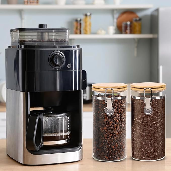Glass Storage Jars Set Elegant Containers with Airtight Bamboo Lids, Perfect for Kitchen Organization - Flour, Rice, Pasta, Sugar, Coffee Beans, Accessories Included (Coffee Jar x 2)
