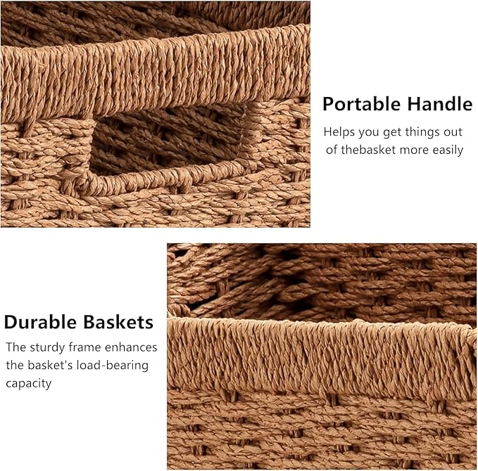 UBBCARE 2 Pack Wicker Basket, 13.4L×8.3H×7.1W inch Woven Paper Rope Storage Baskets for shelves, Foldable Rectangular Storage Baskets with Handle, Storage Basket for Organizing, Caramel