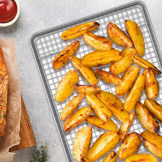 Baking Sheet with Rack Set [2 Pans + 2 Racks], Wildone Stainless Steel Cookie Sheet Baking Pan Tray with Cooling Rack, Size 9 x 7 x 1 Inch, Non Toxic & Heavy Duty & Easy Clean