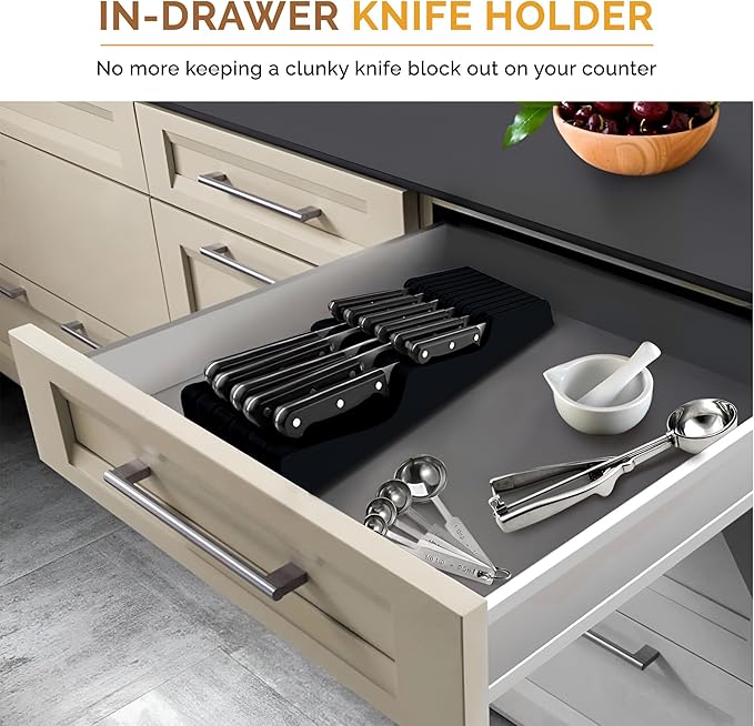 In-Drawer Knife Block - Bamboo Knife Drawer Organizer for Kitchen - Fits 5 Long + 6 Short Knives | Store Knives with Blades Pointing Down - Wooden Steak knife Holder without Knives (Black)