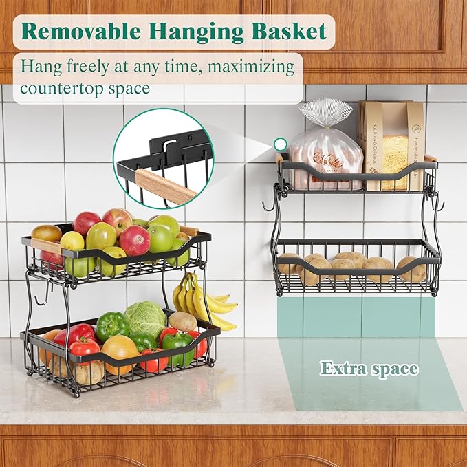 Giwil 2 Tier Countertop Fruit Basket for Kitchen, Vegetable Storage Bread Fruit Bowl Stand with 2 Banana Hangers, Wall Mounted Metal Wire Basket Organizer for Potato Onion, Black
