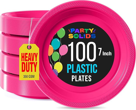 Exquisite Party Solids Hot Pink Plastic Plates For Party 7" Hot Pink Disposable Plates Heavy Duty Supplies 100 Pcs Plastic Dinnerware Sets Heavy Duty 350 GSM Disposable Dinnerware Set