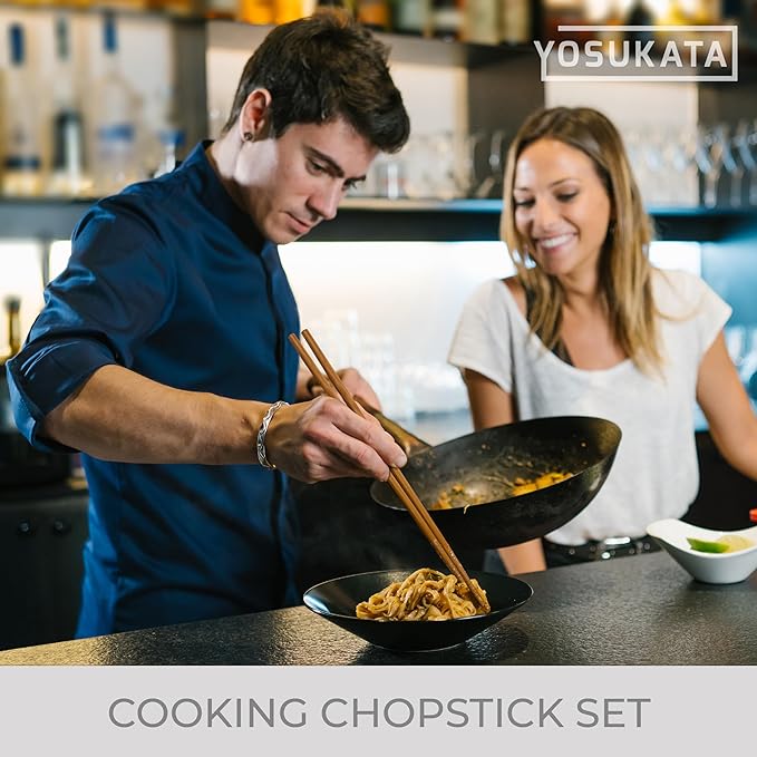 YOSUKATA Reusable Natural Wooden Long Cooking Chopsticks Set of 3 pairs: 11.8 inch, 13-inch, 14.2 inch Brown Long Wok Wooden Chopsticks Reusable