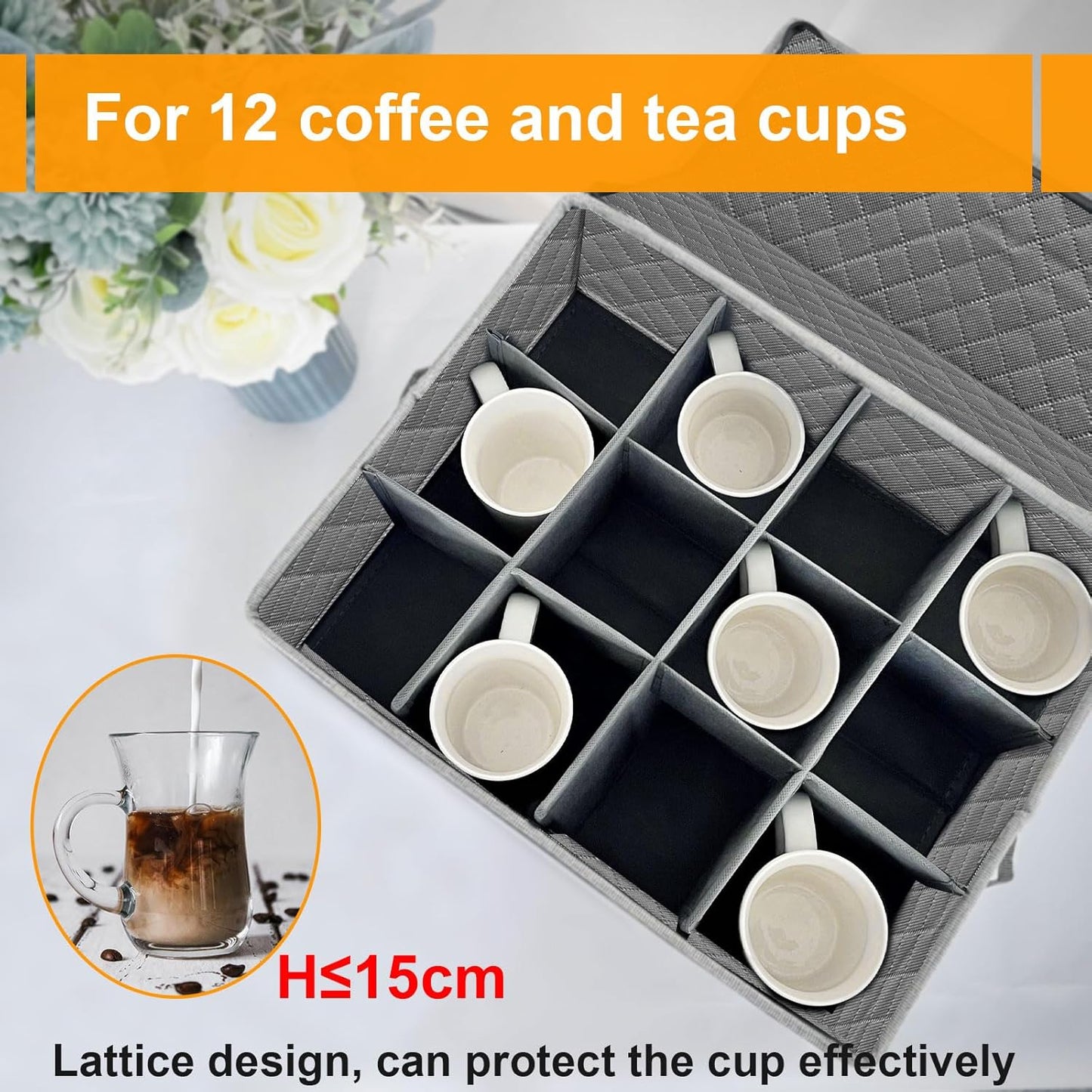 Coffee Mug Storage Box with Dividers, China Storage Containers Hard Shell ,Glassware Storage Containers with Zipper Lid and Handles, Stackable for 12 Mugs, Tea Cups, Moving & Packing (Light Grey)