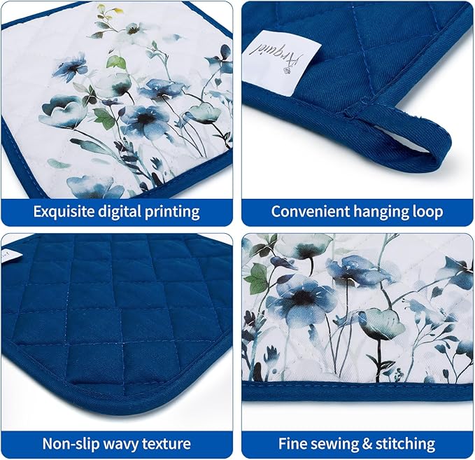 Blue Watercolor Flower Oven Mitts and Pot Holders Sets 100% Cotton Heat Resistant, Extra Long Oven Gloves Potholder for Kitchen Cooking Baking Housewarming