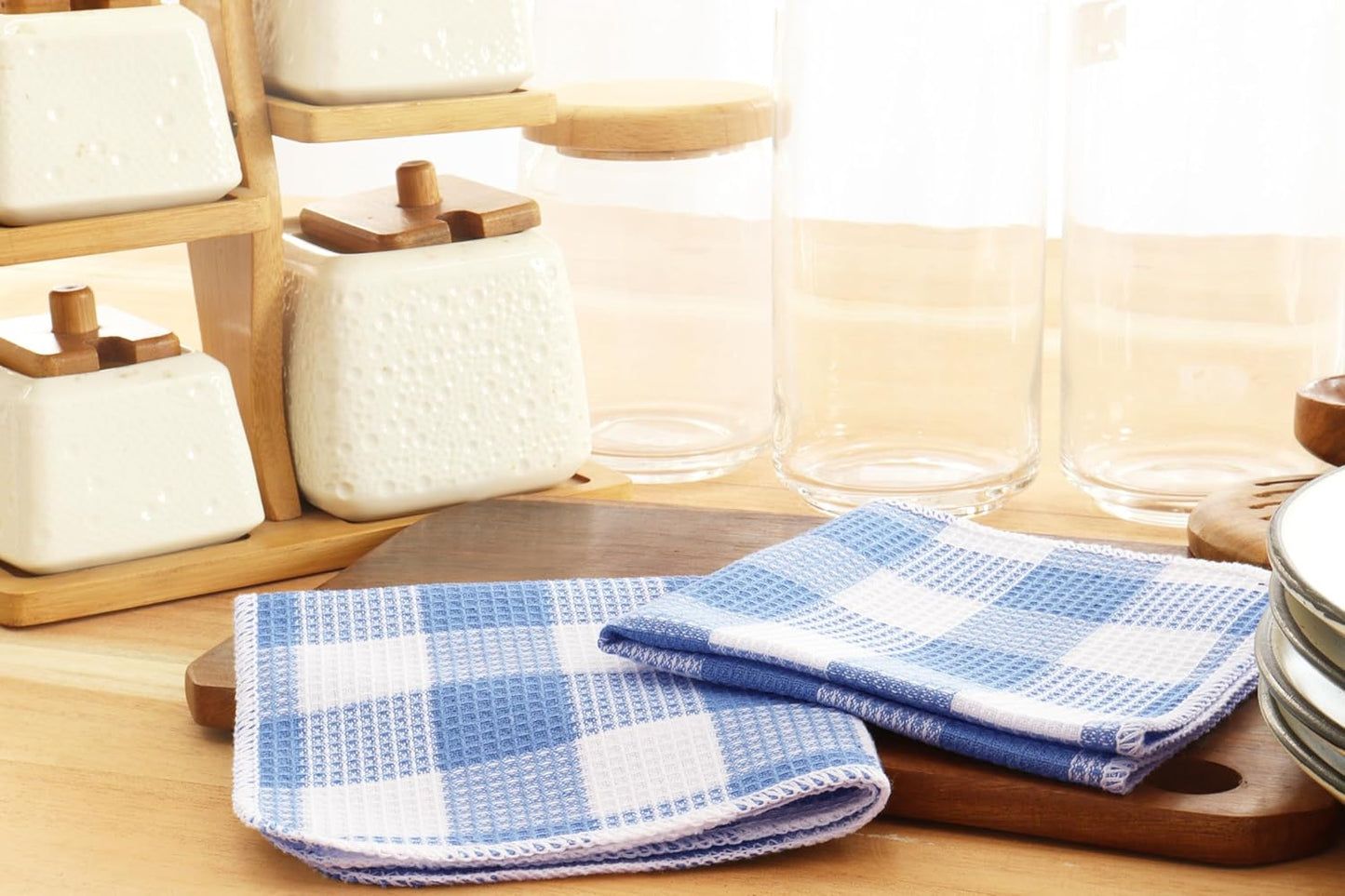 Waffle Weave Plaid Dish Cloths, 100% Cotton - 12 x 12 Inches, Ultra Soft Absorbent Quick Drying Dish Towels Buffalo Check Dish Rags for Kitchen, 8 Pack - Spring Summer - Light Blue & White