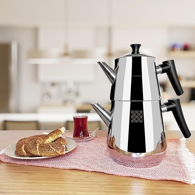 Serenk Stainless Steel Turkish Teapot Set, Double Kettle Set with Non-Slip Bakelite Handles, 101 Oz Black