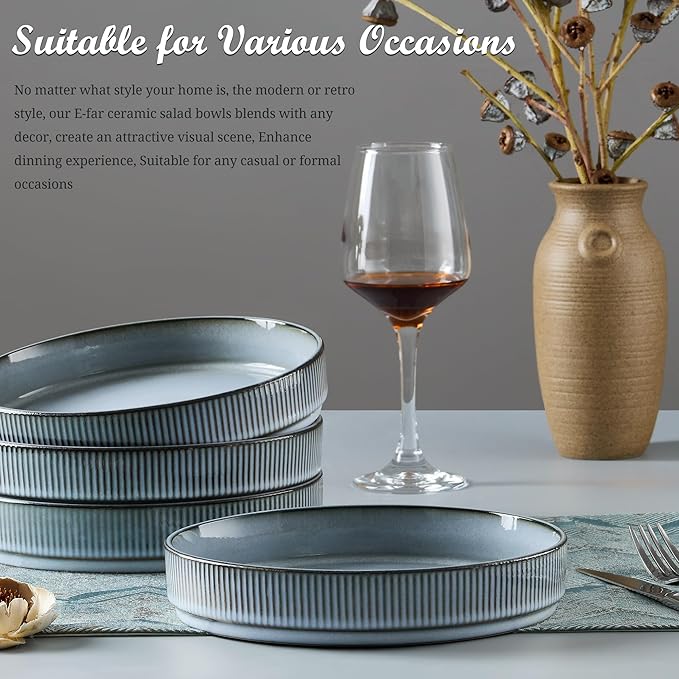 E-far Pasta Bowls Set of 4, 35oz Large Salad Bowl Plate for Dinner Serving Soup, Wide & Shallow Ceramic Stoneware Pasta Plates, Microwave & Dishwasher Safe, Reactive Glaze Textured Stripes, Dusty Blue