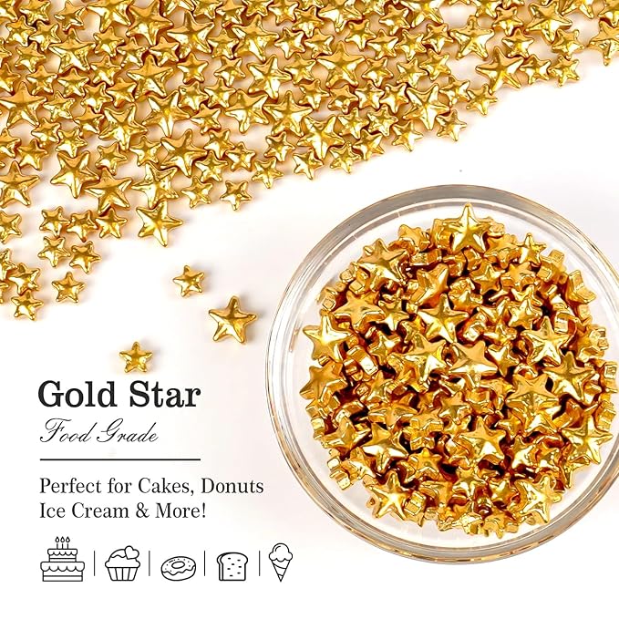 Gold Star Sprinkles for Cake Decorating, Edible Star Sugar Candy, Mix Size, Baking For Cupcakes, Decorating, Cookies, Donuts, Wedding Party, Holiday, 150g/5.29oz