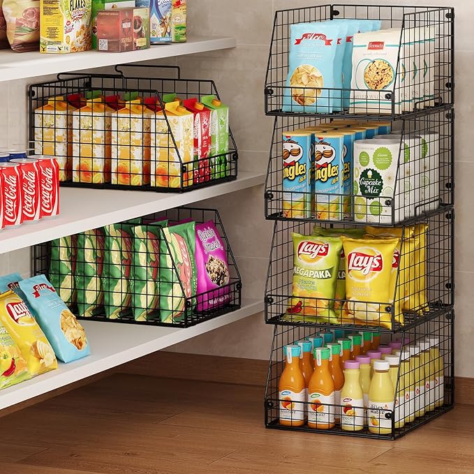 5 Pack XXL Stackable Wire Storage Basket, Extra Large Capacity Pantry Organizer and Storage, Muti-Purpose for Fruit Vegetable Basket & Toy Bin & Snack Organizer