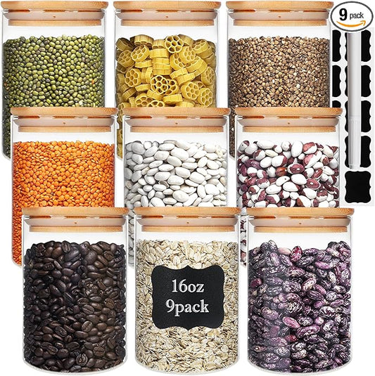 Glass Food Storage Containers Jars with Airtight Bamboo Lid 16 oz 9 pcs, 490 ml Pantry Organization Jar, Glass Terrarium with Lid, Spice, Flour and Sugar Container, Canister Set for Kitchen Counter
