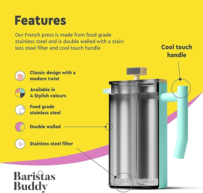 French Press Coffee Maker - Insulated, Stainless Steel Manual Coffee Makers For Home, Office Or Camping - Large 34oz Capacity For 4 Cups
