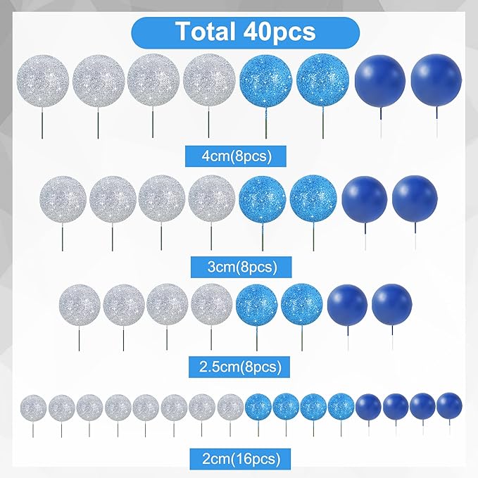 BEISHIDA 40 Pcs Ball Cake Toppers Mini Balls Cake Decorations Blue Silver Foam Balls Sticks DIY Cake Topper for Baking Congrats Grade 2025 Graduation Birthday Winter Party Decorations (Blue Silver)