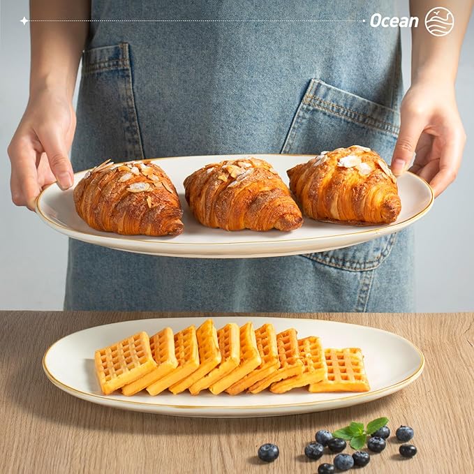 famiware Serving Platter, Oval 15.59/14.3/12.9inch Serving Dishes for Entertaining, Serving Bowls, Microwave Safe, Stoneware Serving Trays for Party, Food, Turkey, Cheese, Ocean Series, Vanilla White