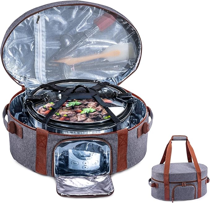 Insulated Slow Cooker Carrying Bag for 6-8 Quart CrockPot and Hamilton Beach Slow Cooker with See-thought Window, Portable Carrier Case with Adjustable Band and Accessory Pocket