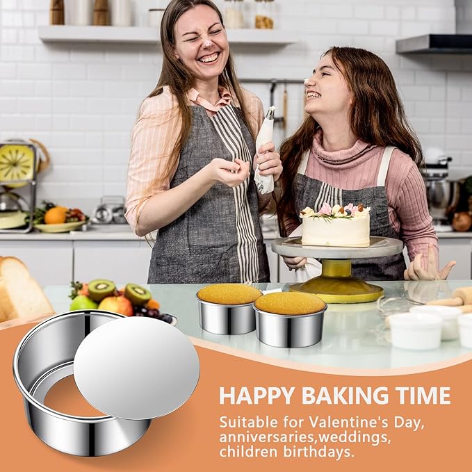 4 Inch Cake Pan Set of 4, Removable Bottom & Easy Releasing Mini Cake Pan, 304 Stainless Steel Round Cake Pan, Leakproof & Nonstick Small Cake Baking Pans, Non-Toxic & Healthy