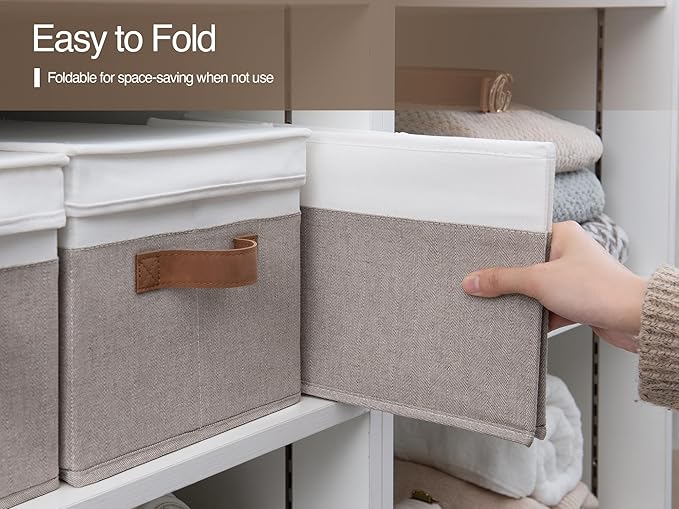 StorageWorks Storage Bins with Lids, Decorative Storage Boxes with Lid and PU Handles, Foldable Storage Baskets for Closet, Shelves, Stackable, Brown and White, Jumbo, 3-Pack