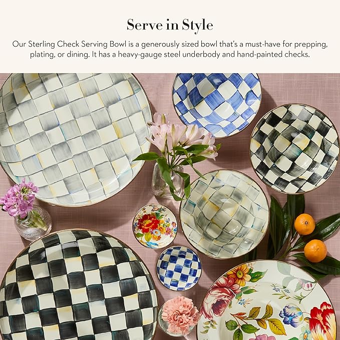 MACKENZIE-CHILDS Enamel Serving Bowl, Enamel Serveware Bowl, 12 Inches, Gray-and-White Sterling Check