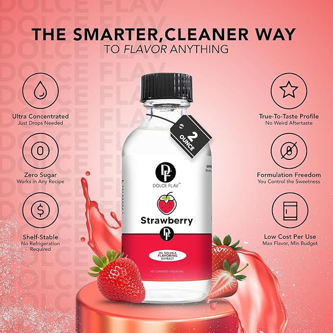 Dolce Flav Strawberry Extract 8 oz – Kosher, Sugar-Free, Concentrated Berry Flavor for Candy, Chocolates & Desserts, Includes Measured Dropper
