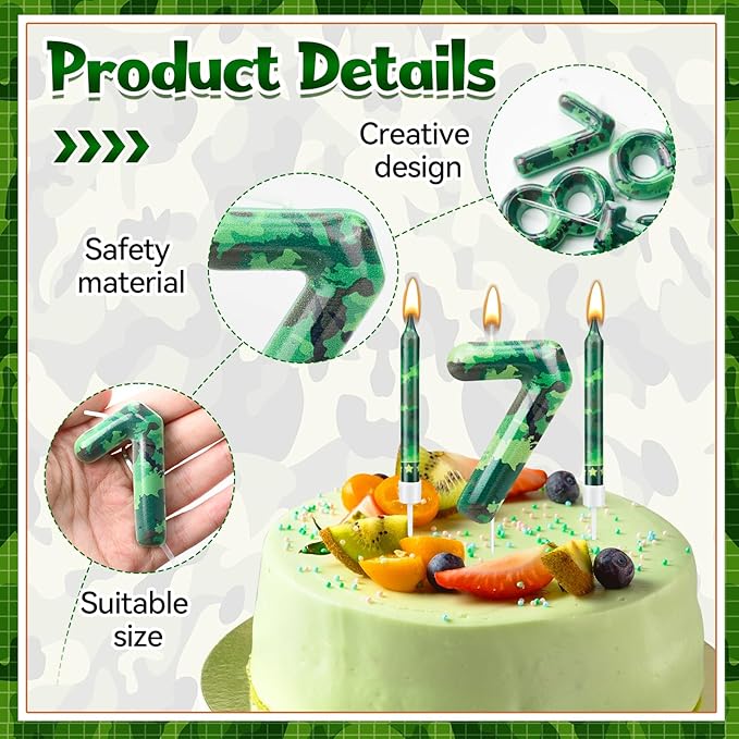 13 Pcs Camo Themed Birthday Candles 12 Army Themed Birthday Cake Candles and Number 7 Candle Cake Topper for Birthday Party Camouflage Motif Party Hunting Themed Party Decoration Supplies (Number 7)