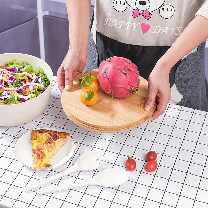 Bamboo Fiber Salad Bowl with Servers Set Large 9.8inches Nature Bamboo Mixing Bowl with Servers with Lid Spoon and Fork for Fruits,Salads and Vegetables