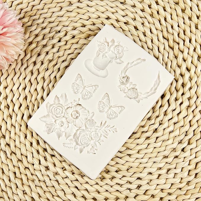 Rose Fondant Molds, Flower Pot Bouquet Butterfly Chocolate Cake Decorating Silicone Molds for Cupcake Topper, Candy, Sugar Craft, Floral Paste, Mousse, Gum Paste, Epoxy Resin, Polymer Clay, Home Decor