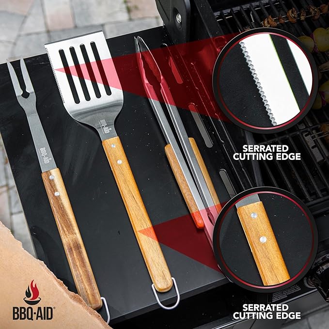 3 Piece BBQ Grilling Accessories Set - BBQ Tongs Spatula Fork Set - Heavy Duty Stainless Steel Barbecue Grill Tools with Solid Hard Wood Handles Great Gift Set
