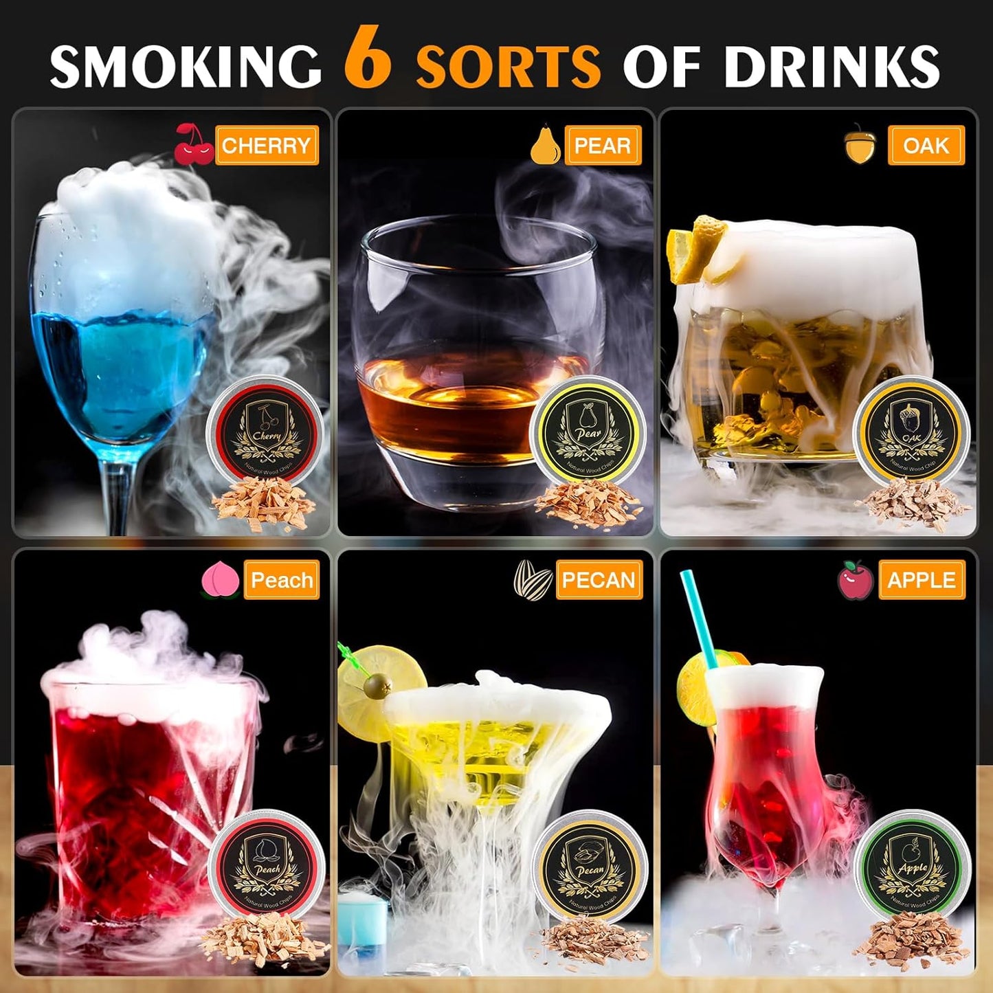 Whiskey Cocktail Smoker Kit with Torch, 6 Flavors Wood Chips, 2 Whiskey Glasses, 2 Ice Ball Molds, Bourbon Old Fashioned Drink Smoker Kit, Gifts for Men, Dad, Husband, Boyfriend(No Butane)