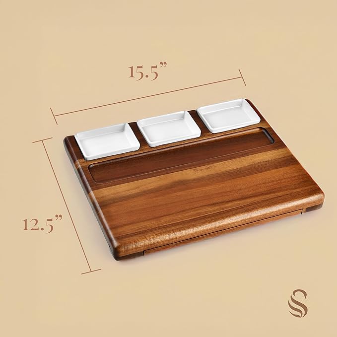 Shanik Large Acacia Wood Charcuterie Board Set with 3 Removable Ceramic Bowls & Serving Utensils - Housewarming, Wedding, Bridal Shower, Home and Kitchen, New Home Gift Ideas for Women, Gifts for Her