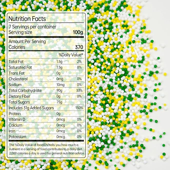 Green Nonpareils Sprinkles for Cake Decorating, Edible Yellow Green And White Candy, Fun Spring Baking Sugar, Perfect for Cake Decorations, Cupcake Topper, Ice Cream, 150g/5.29oz