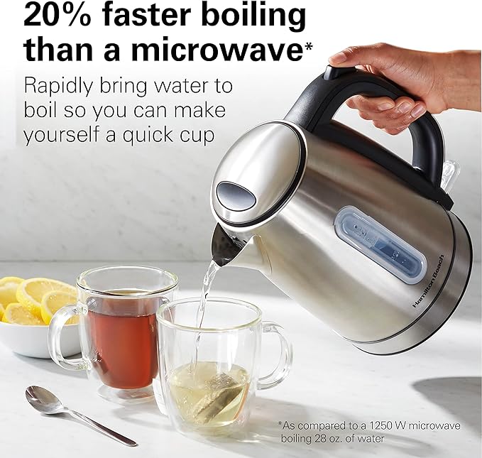 Hamilton Beach Electric Tea Kettle, Water Boiler & Heater, 1.7 Liter, Cordless Serving, 1500 Watts for Fast Boiling, Auto-Shutoff and Boil-Dry Protection, Stainless Steel with LED Light Ring (41037)