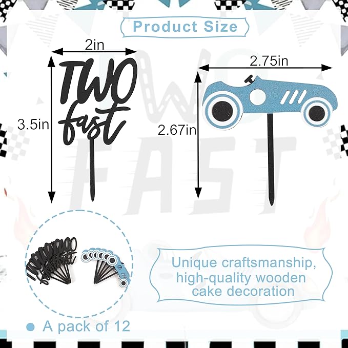 Wooden Two Fast Birthday Cupcake Toppers - Two Fast Decorations,Race Car Party Cake Toppers,Racing Car Birthday Topper (two fast cake topper)