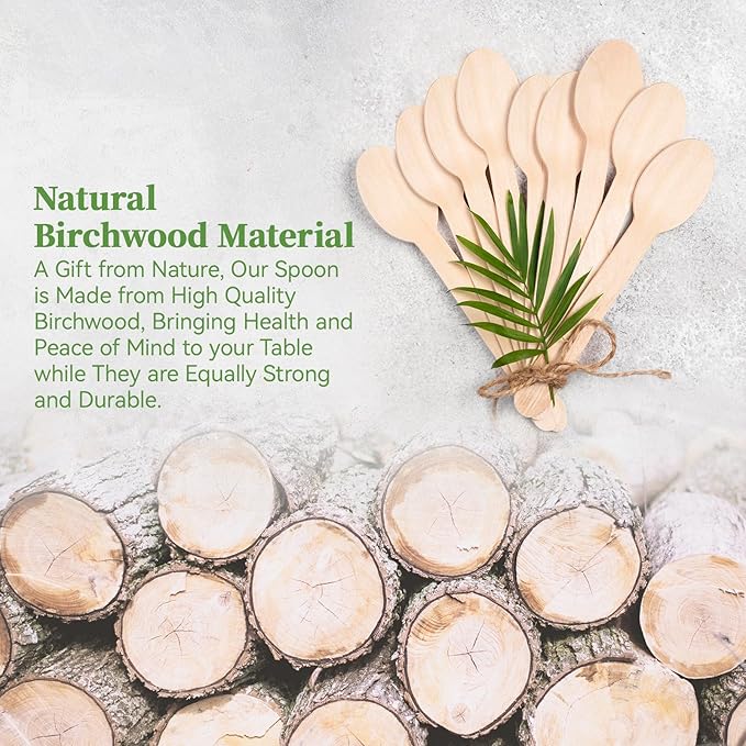 ECOLipak 300 Count Wooden Disposable Spoons, Compostable Wooden Spoons for Party, Camping, Traveling, Family Dinners