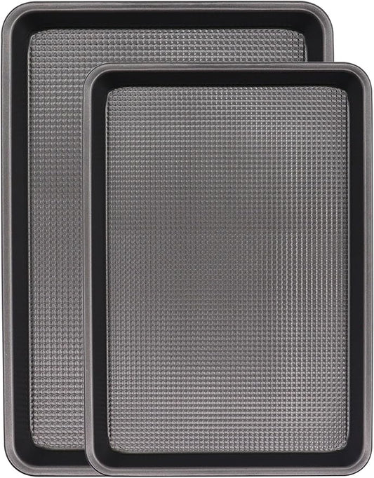 Cookie Sheets for Baking Nonstick, 2 Pack Heavy Duty 0.8mm Dark Gray Sheet Pan Set Quarter(9x13in) & Jelly Roll(10x15in), Diamond Textured Commercial Grade, Small Oven Safe