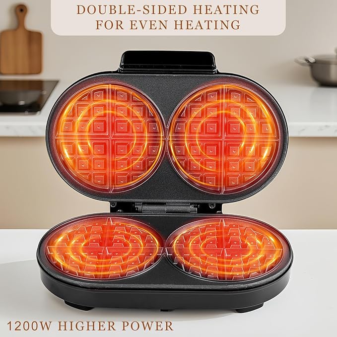 Double Waffle Maker 6 Inch, 1200W Belgian Waffle Maker for Breakfast and Snacks, Makes 2 Personalized Individual Keto Chaffles, Waffle Iron with Nonstick Plates, Temperature Knob, Black