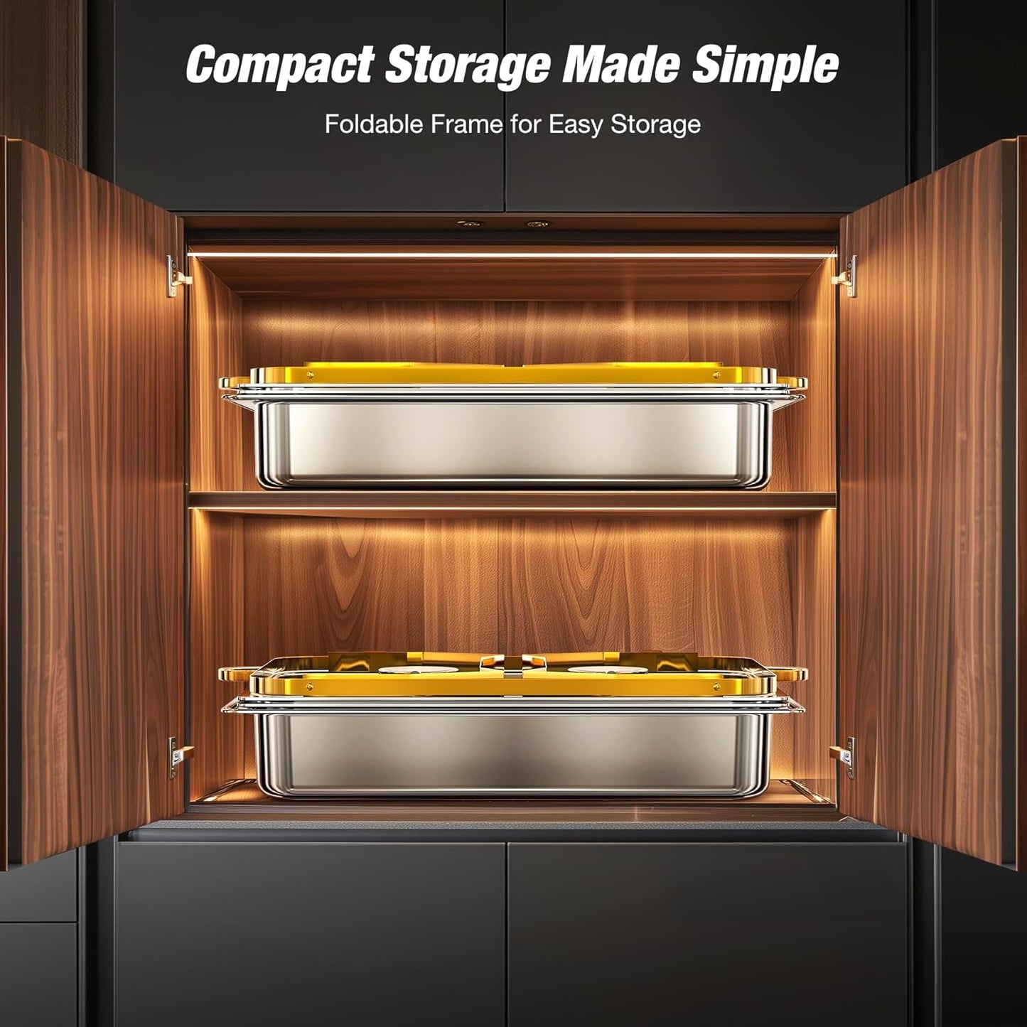 Gold Chafing Dishes for Buffet (9QT, 2 Pack) - Easy Assembly, Food-Grade Stainless Steel Chafers for Catering w/Rolled Edge Design, Foldable Frame, for Party, Banquet (Full Size Food Pan)