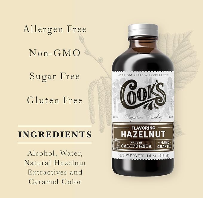 Cook's, Pure Hazelnut Flavor, Perfect for Baking and Cooking, Certified Kosher, Gluten Free, Allergen Free, Vegan, 4 oz